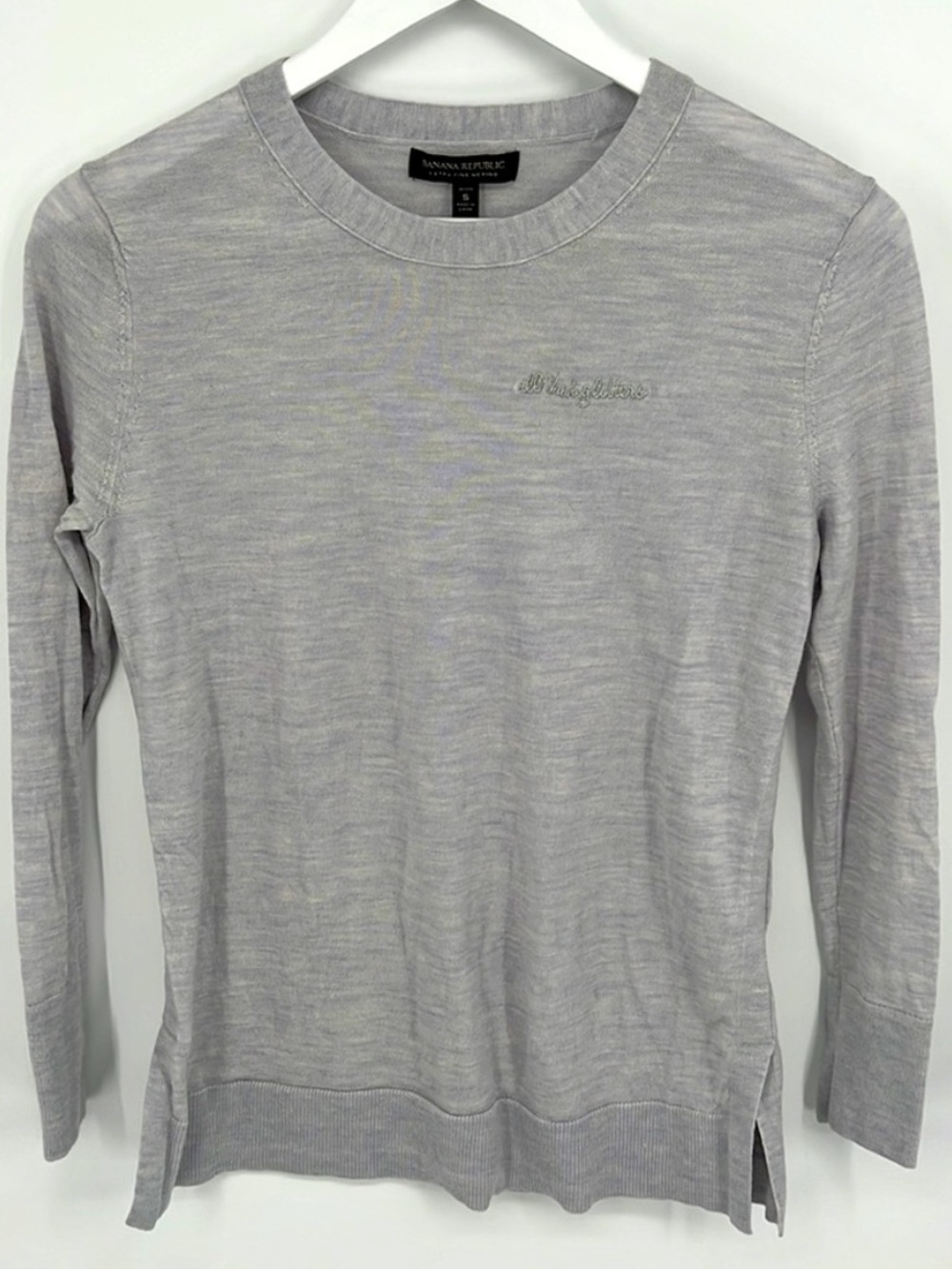Banana Republic gray crewneck “all that glitters” sheer embroidered sweater